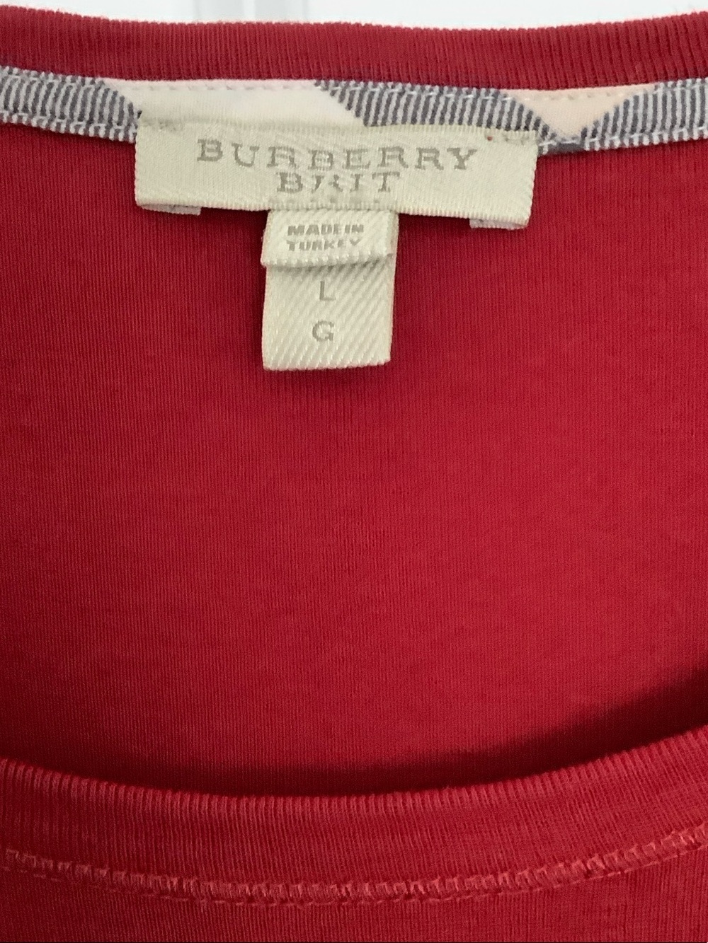 Burberry Red Long-Sleeve Scoop Neck Top with Plaid Trim - Picture 2 of 8